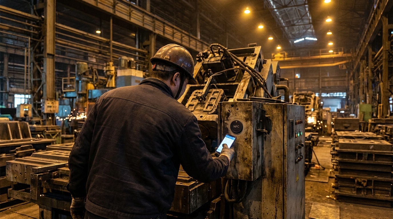 Industrielle Kernschießmaschine mit NFC-Tag, ein Techniker prüft sie per Smartphone