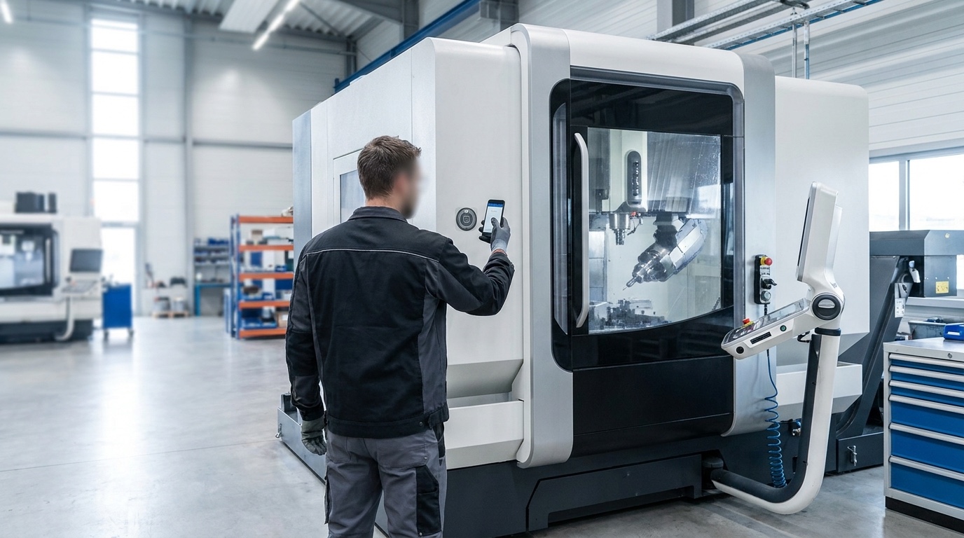 CNC-Bearbeitungszentrum mit NFC-Tag, ein Techniker prüft es per Smartphone